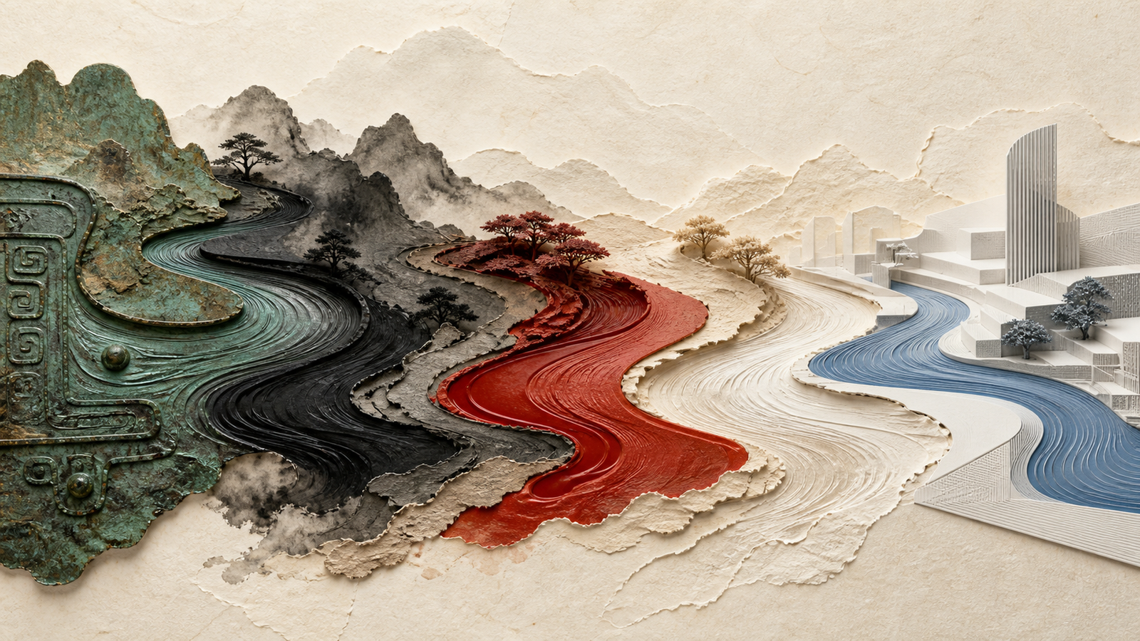 A continuous river passes from a bronze-age surface through an ink landscape and layered paper terrain into a contemporary city.