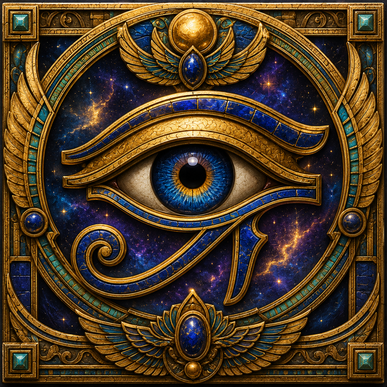 The Watcher, an ornate Wadjet eye in blue and gold